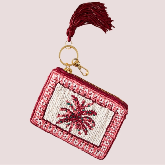 Anthropologie Handbags - Anthropologie The Beaded Coin Purse: Summer Edition Red, Pink, Cream Palm Tree